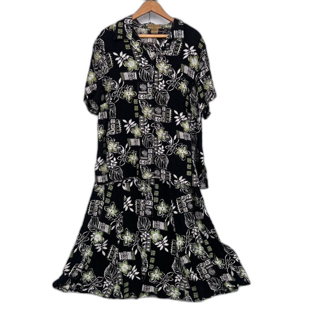 Notations VTG Maxi Skirt Blouse SET Tropical Floral Print Beachy Casual Size 1X‎